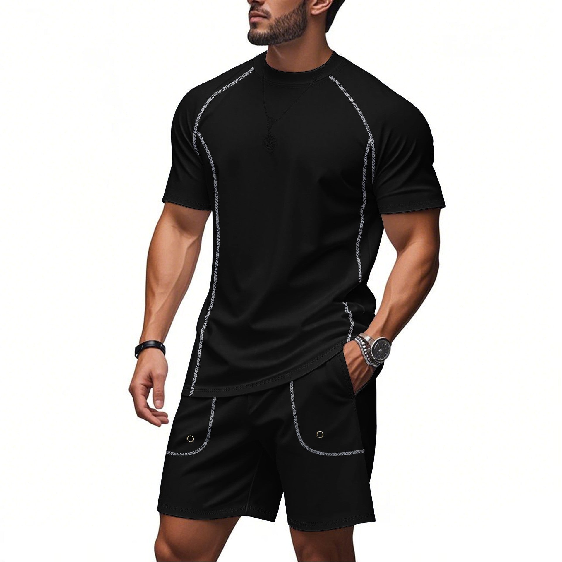 Men's Solid Color Minimalist Short-Sleeve & Shorts Set | Casual Summer Suit