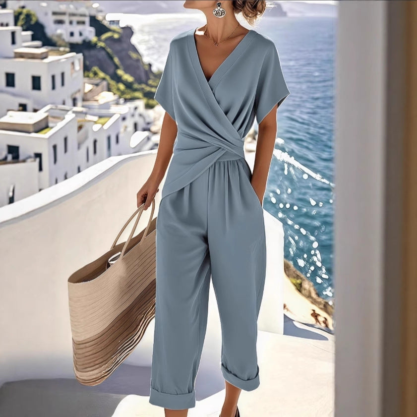 Solid Color Irregular Pleated Top & Pants Set | Women's V-neck Office Two-Piece