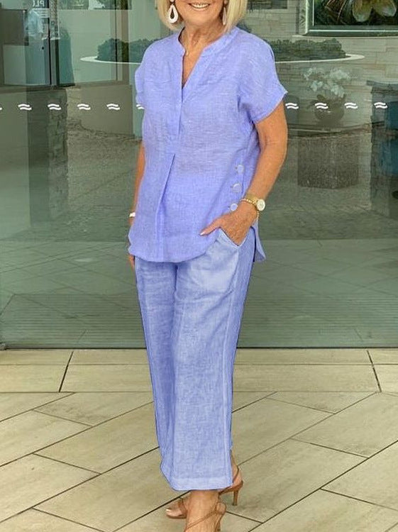 Short-Sleeve Top & Pants Casual Two-Piece Set | Cotton-Linen Everyday Style