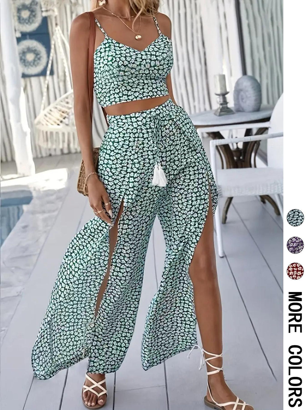 Women's Holiday Printed Strap Two-Piece Set | Floral Vacation Style