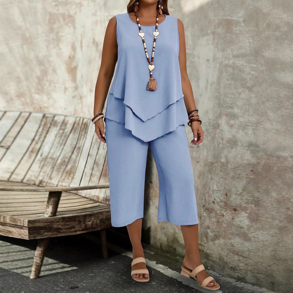 Casual Solid-Color Sleeveless Top & Cropped Pants Two-Piece Set