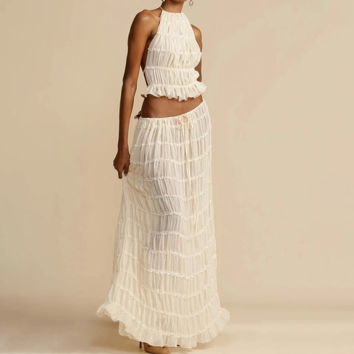 Halter Crop Top & Pleated Maxi Skirt Set | Backless Beach Two-Piece