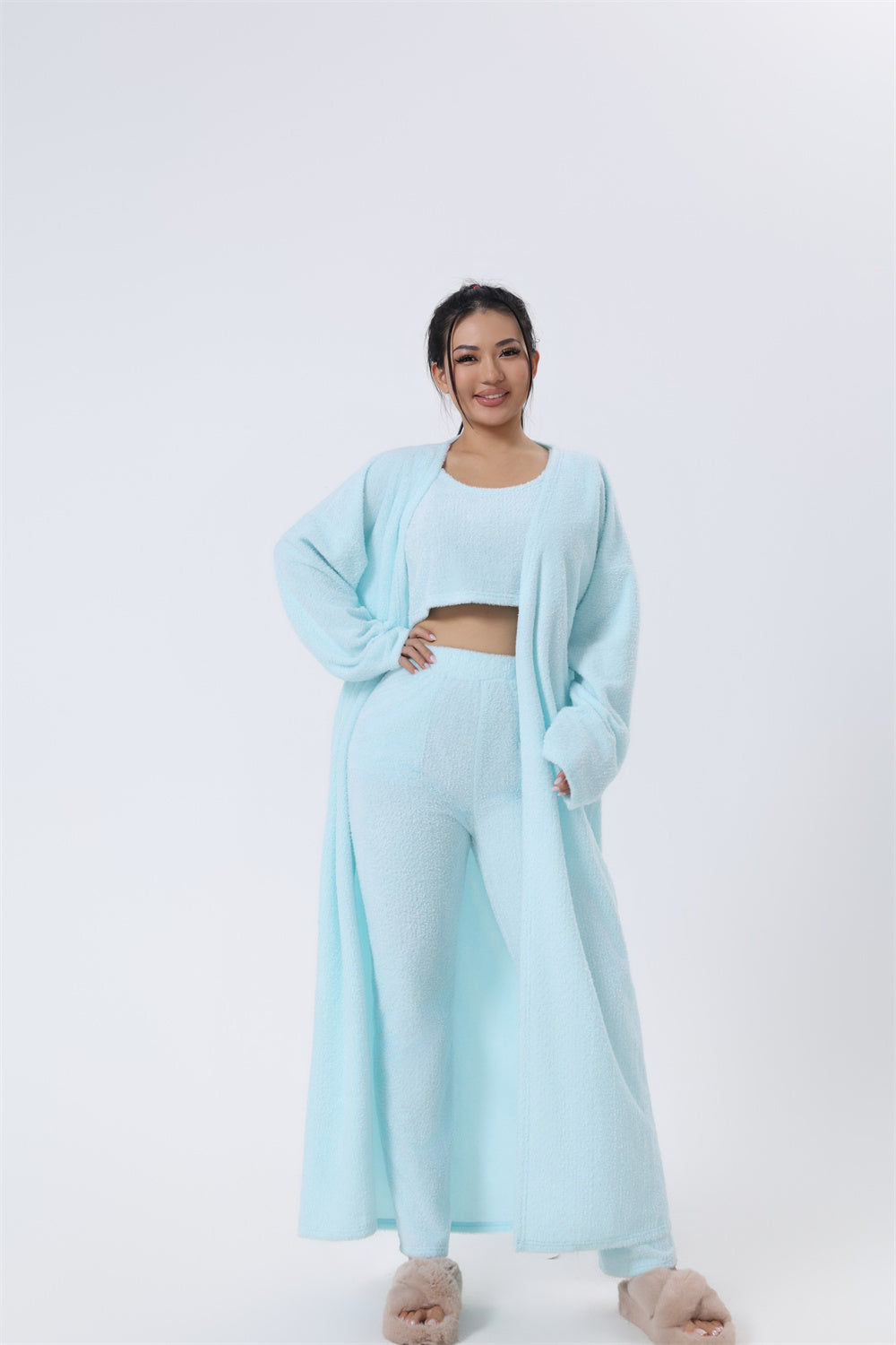 3-Piece Knit Lounge Set | Crop Top, Wide-Leg Pants & Cardigan