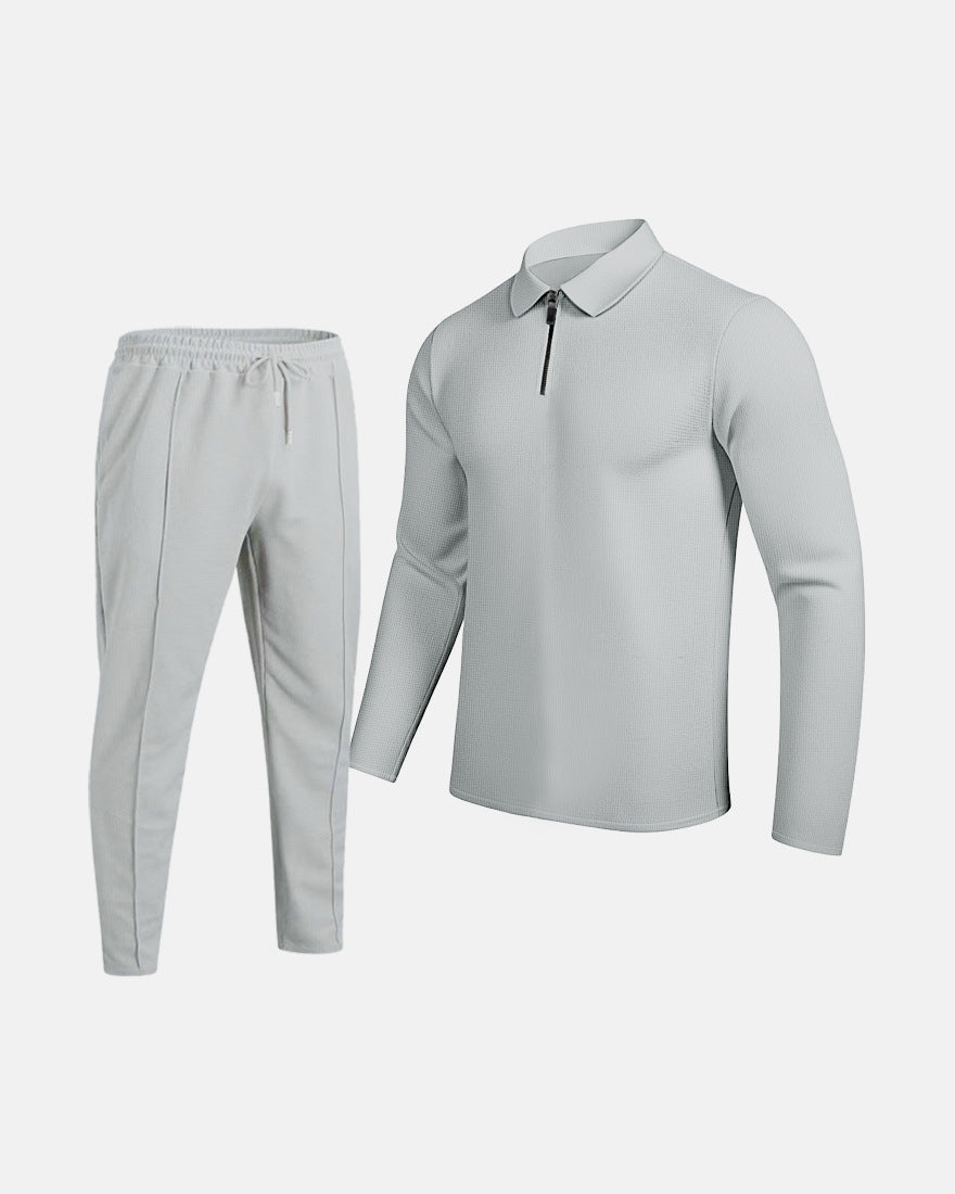 Men's Waffle-Texture Zip Lapel Top & Long Pants Suit | All-Season Casual Set