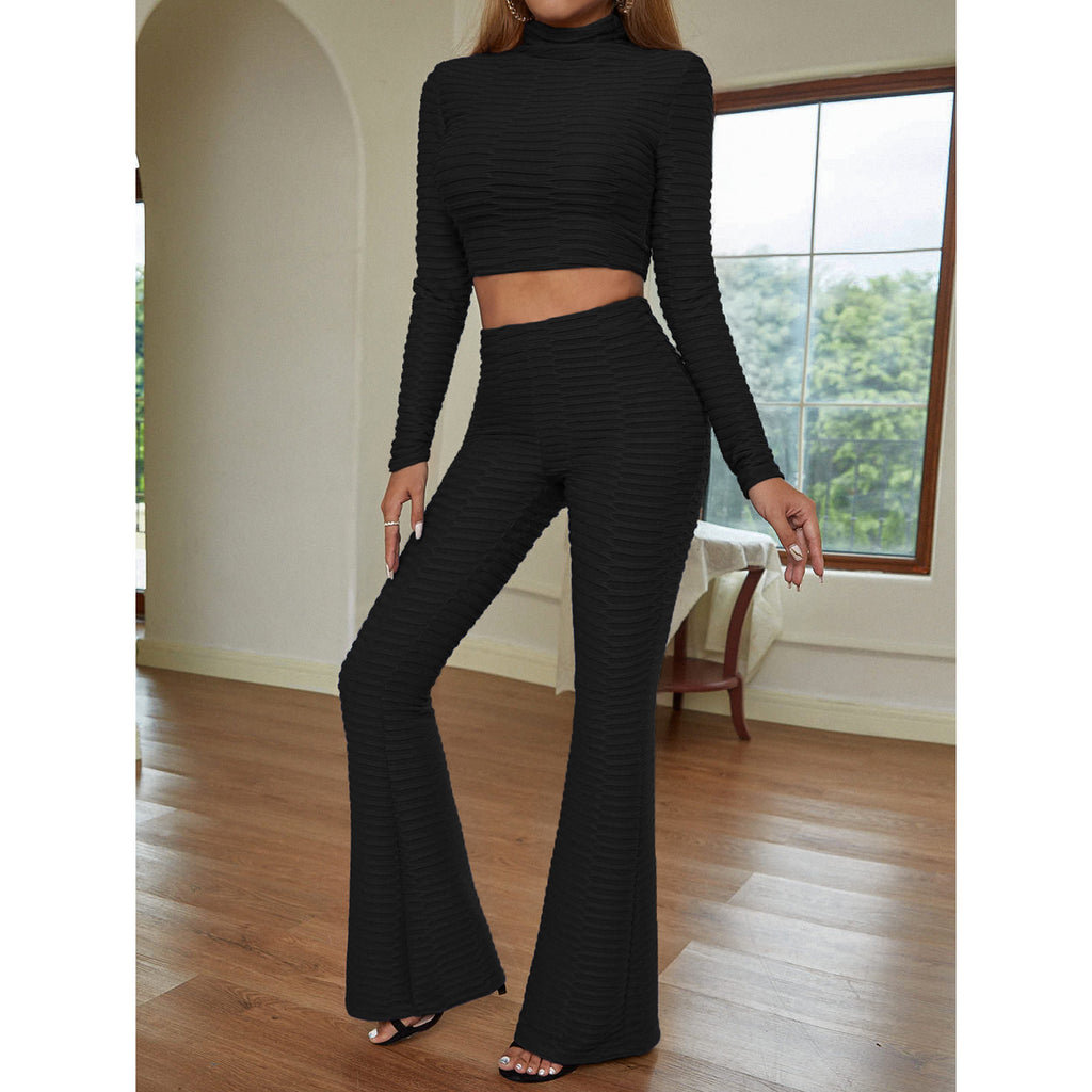 Women's Waffle Knit Crop Top & Flared Pants Suit | Slim Fit Two-Piece