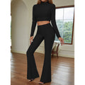 Women's Waffle Knit Crop Top & Flared Pants Suit | Slim Fit Two-Piece
