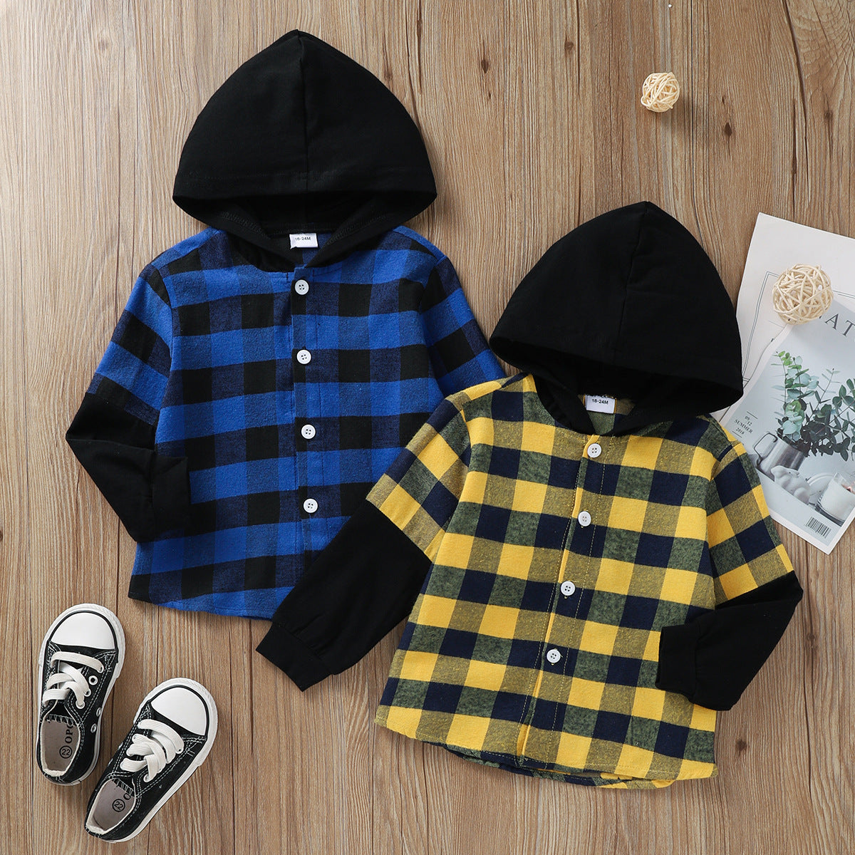Boys Hooded Plaid Shirt Jacket | Single-Breasted Long Sleeve Kids Outerwear
