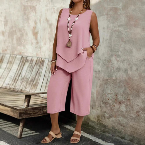 Casual Solid-Color Sleeveless Top & Cropped Pants Two-Piece Set