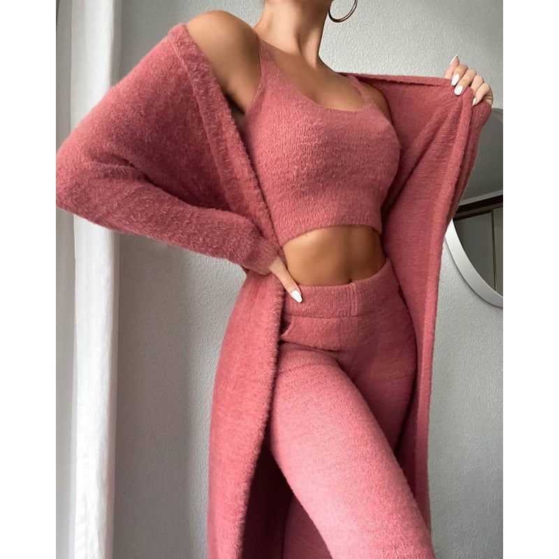 3-Piece Knit Lounge Set | Crop Top, Wide-Leg Pants & Cardigan