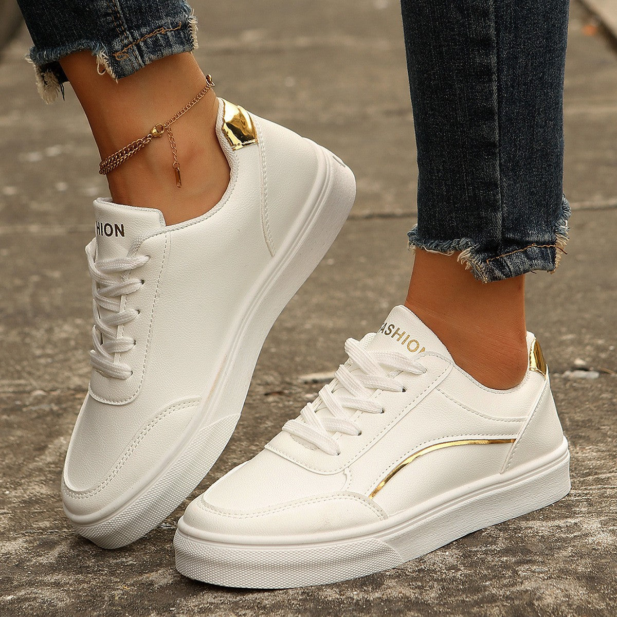 Color-Block Flat Sneakers | Round Toe PU Leather Casual Shoes