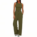 Sleeveless Crewneck Pleated Vest & High-Waisted Wide-Leg Pants Set