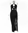 Halter?Neck Ruched Irregular Hem Backless Maxi Dress