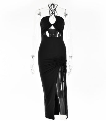 Halter?Neck Ruched Irregular Hem Backless Maxi Dress