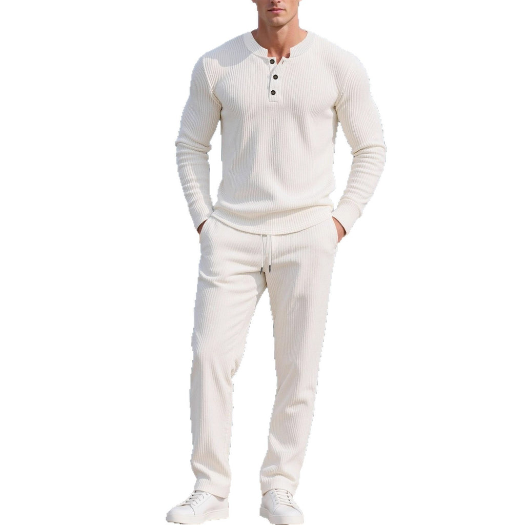 Men's Solid-Color Button-Down Long-Sleeve Shirt & Pants Set | Crew-Neck Casual Outfit