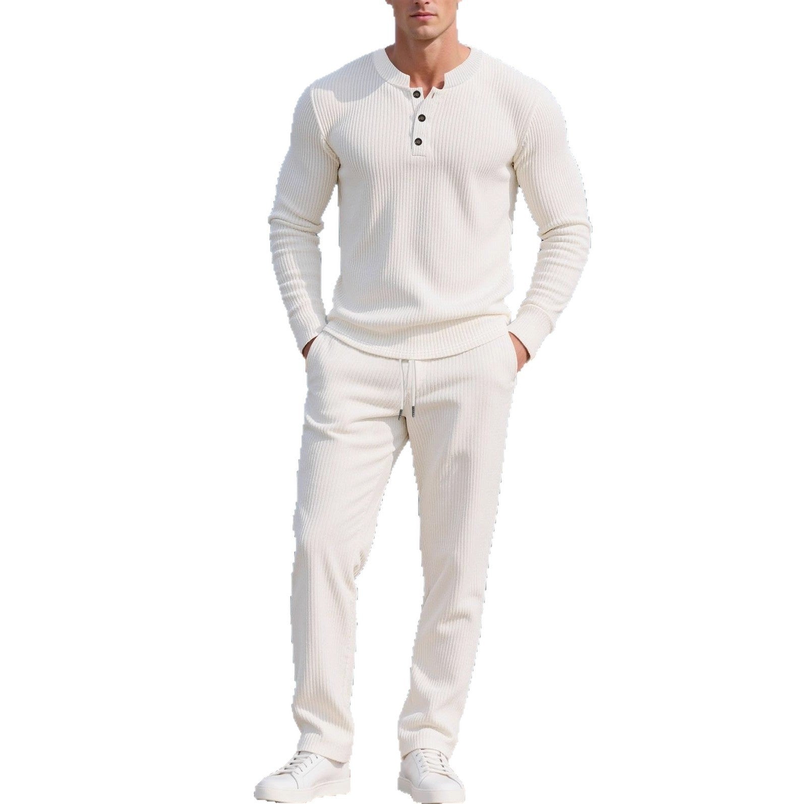 Men's Solid-Color Button-Down Long-Sleeve Shirt & Pants Set | Crew-Neck Casual Outfit