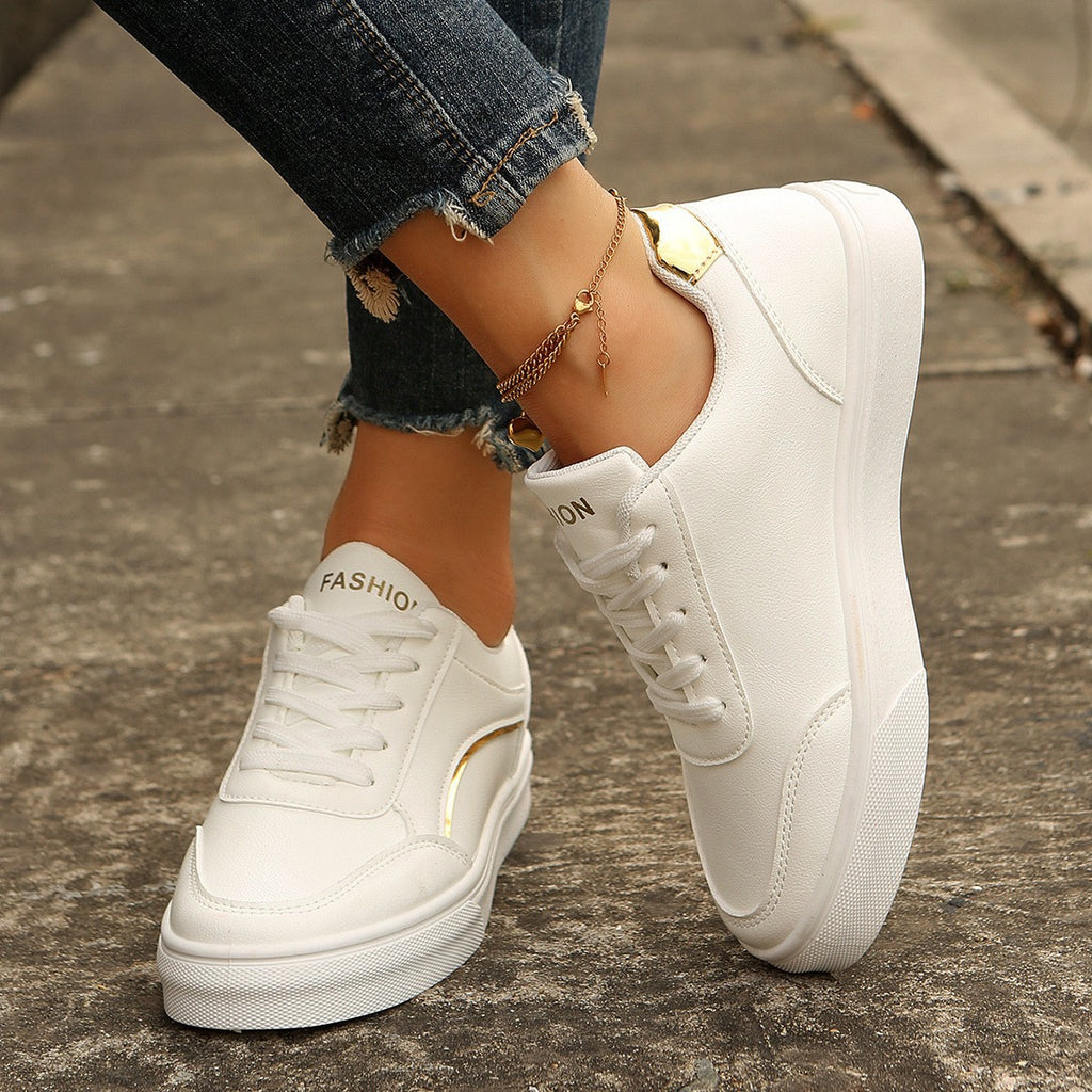 Color-Block Flat Sneakers | Round Toe PU Leather Casual Shoes