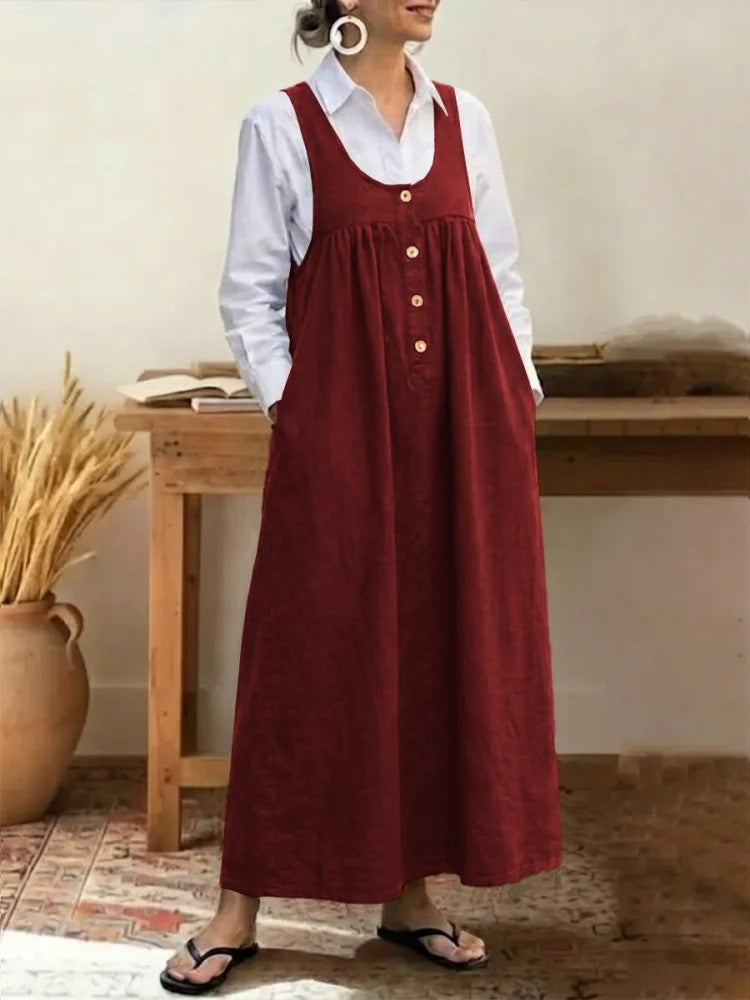 Loose Overalls Dress – Casual U-Neck Button Pocket Dress