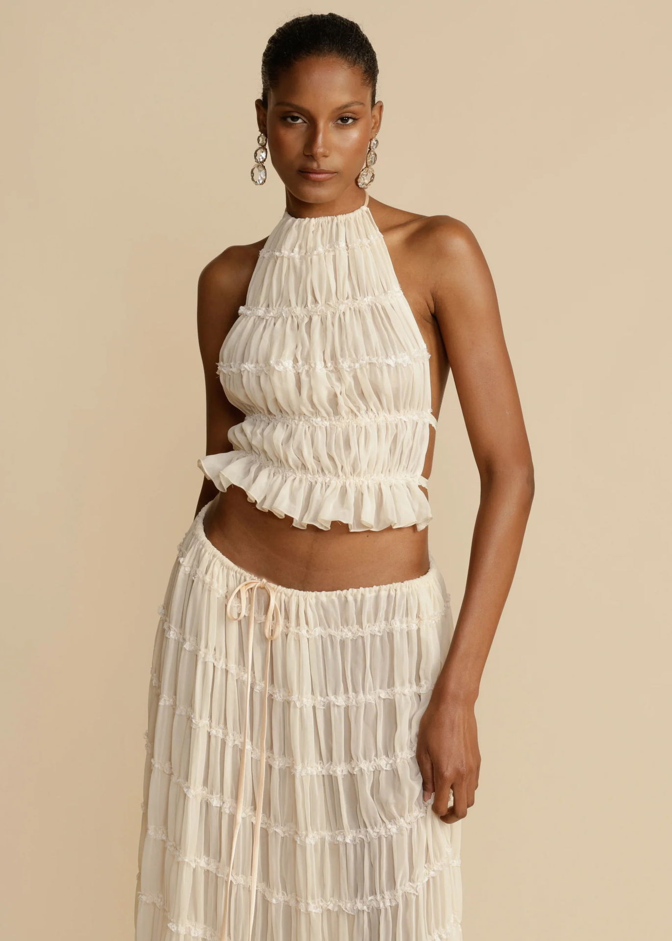 Halter Crop Top & Pleated Maxi Skirt Set | Backless Beach Two-Piece