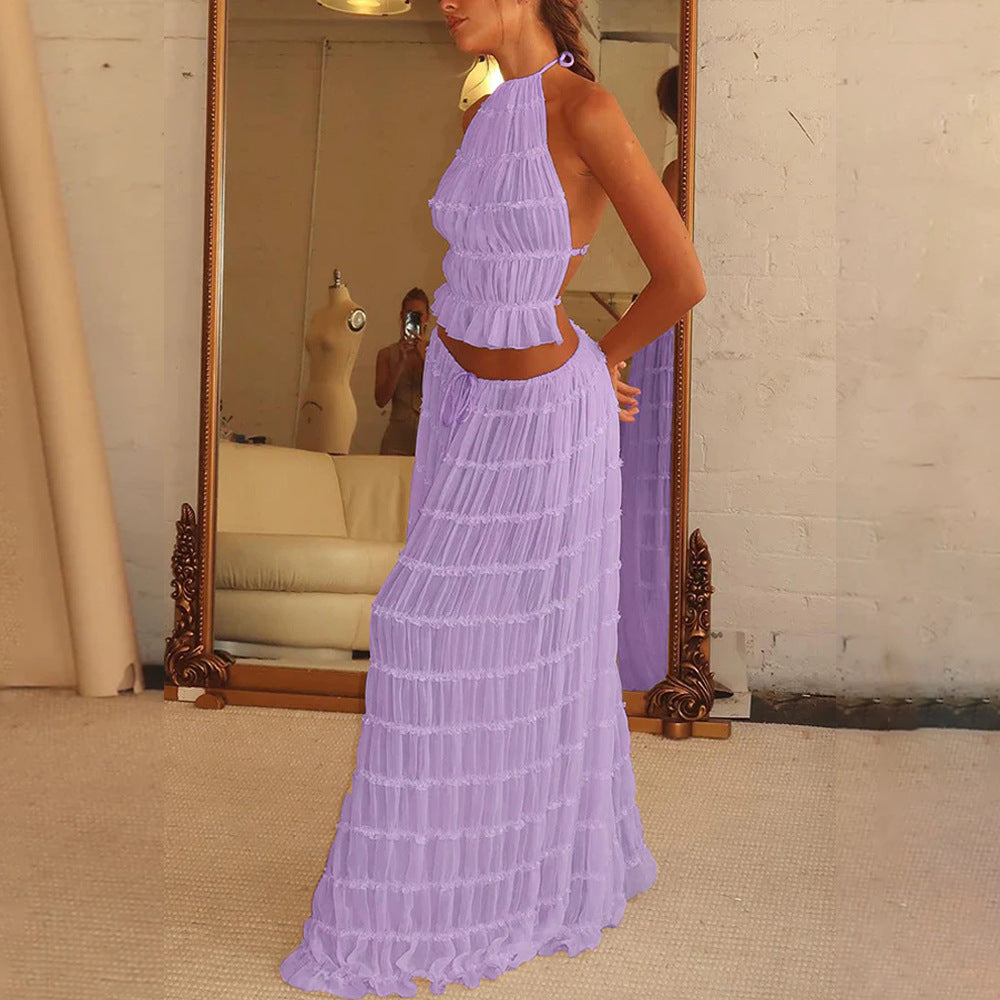 Halter Crop Top & Pleated Maxi Skirt Set | Backless Beach Two-Piece