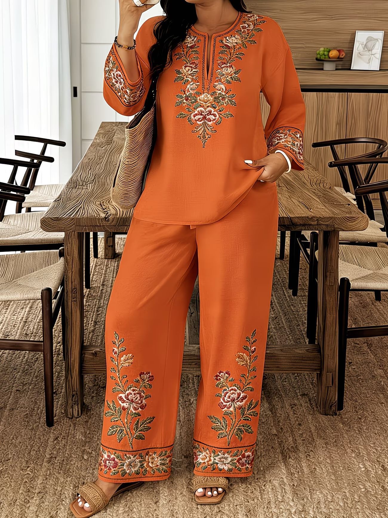 Long-Sleeve Lace Floral Bohemian Set | Ethnic-Style Top & Cropped Pants