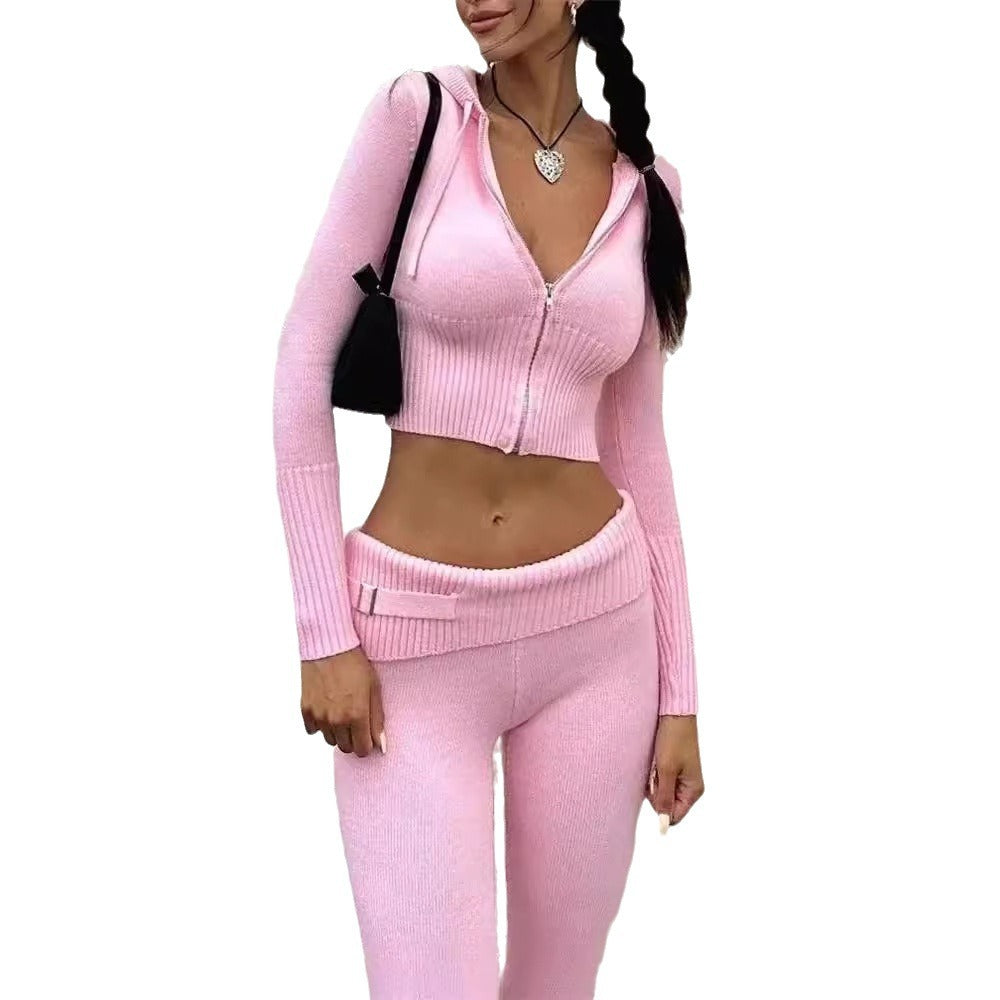 Women's Knitted Hooded High-Waist Trousers Two-Piece Set | Cozy Solid Color Suit