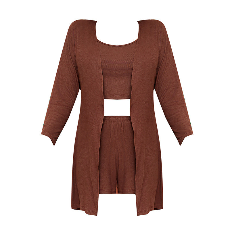 Modal Cotton Ribbed Camisole Nightgown 3-Piece Loungewear Set | Sexy Pajamas
