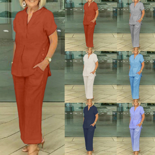 Short-Sleeve Top & Pants Casual Two-Piece Set | Cotton-Linen Everyday Style