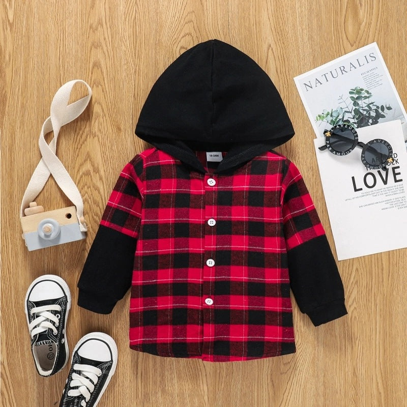 Boys Hooded Plaid Shirt Jacket | Single-Breasted Long Sleeve Kids Outerwear