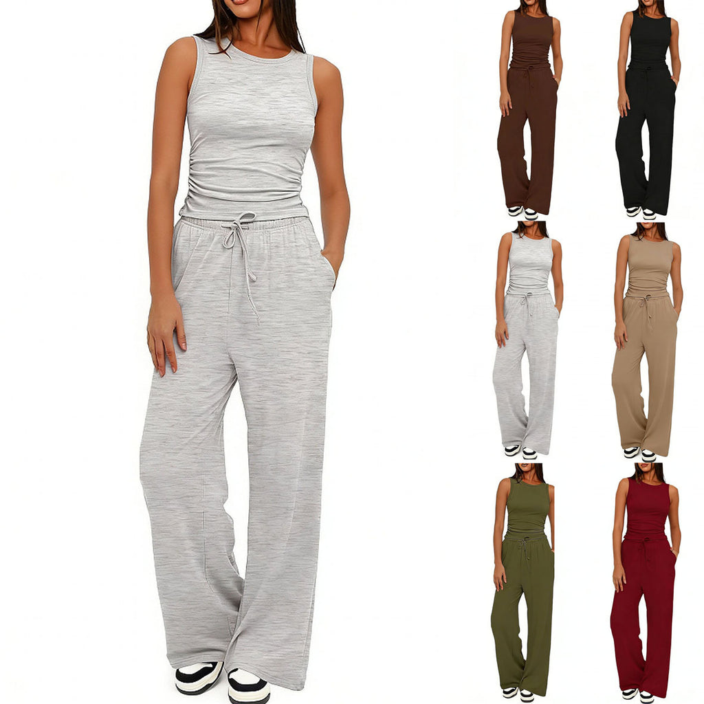 Sleeveless Crewneck Pleated Vest & High-Waisted Wide-Leg Pants Set