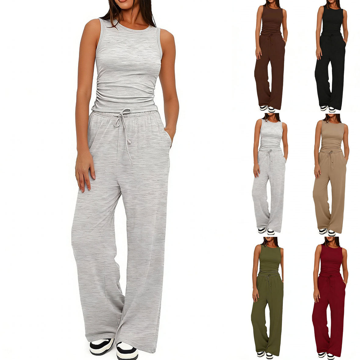 Sleeveless Crewneck Pleated Vest & High-Waisted Wide-Leg Pants Set