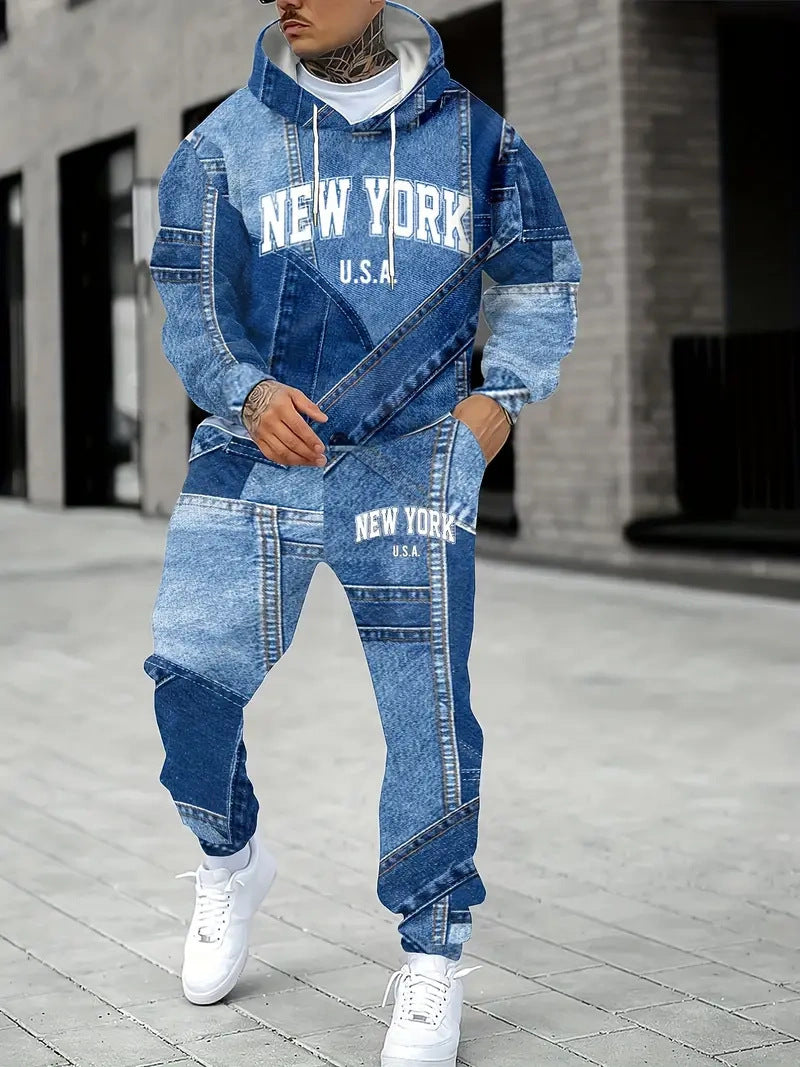 Men's Lettered Denim Hoodie | Bold 3D Print Streetwear