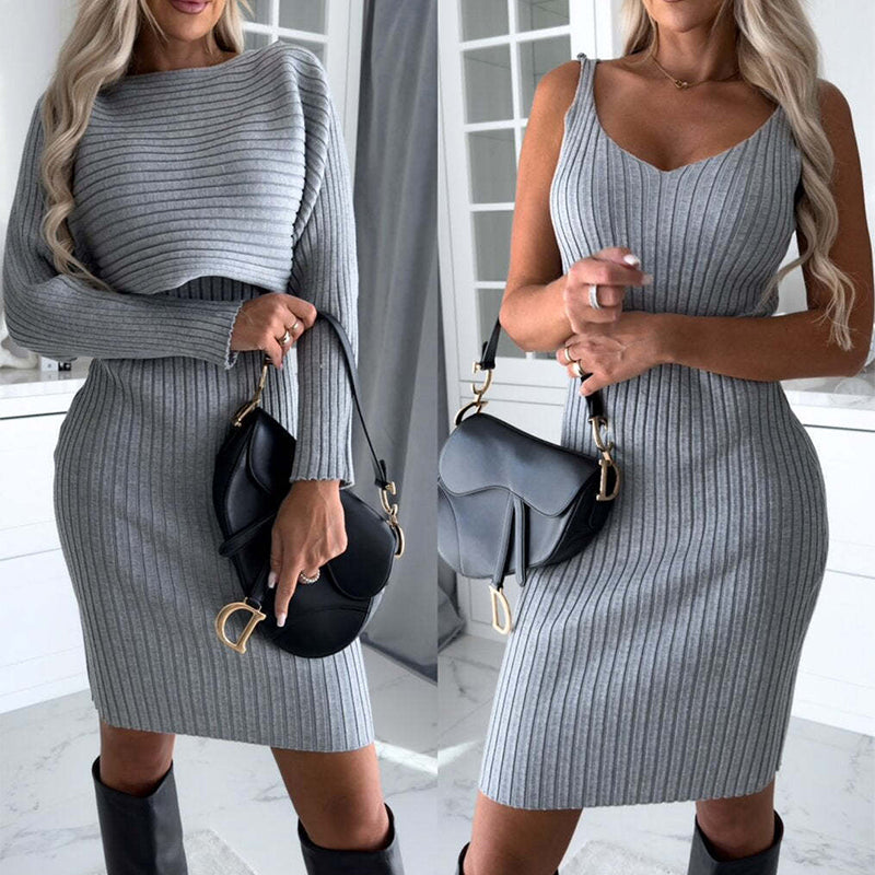 Striped Long-Sleeve Top & Suspender Skirt Set | Women's Slim Autumn Two-Piece