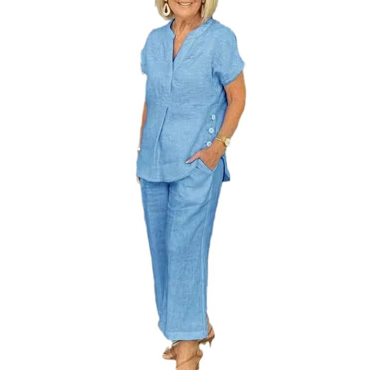 Short-Sleeve Top & Pants Casual Two-Piece Set | Cotton-Linen Everyday Style