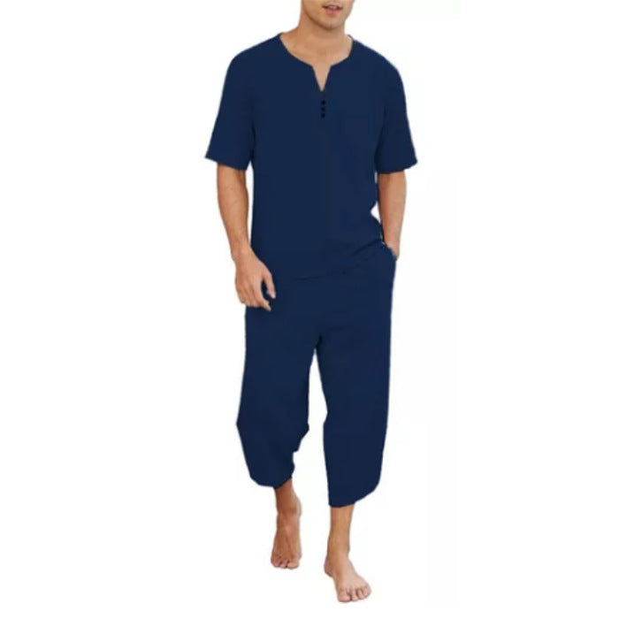 Men's V-Neck Short-Sleeve Top & Cropped Pants Set | Breathable Cotton-Linen Casual Outfit