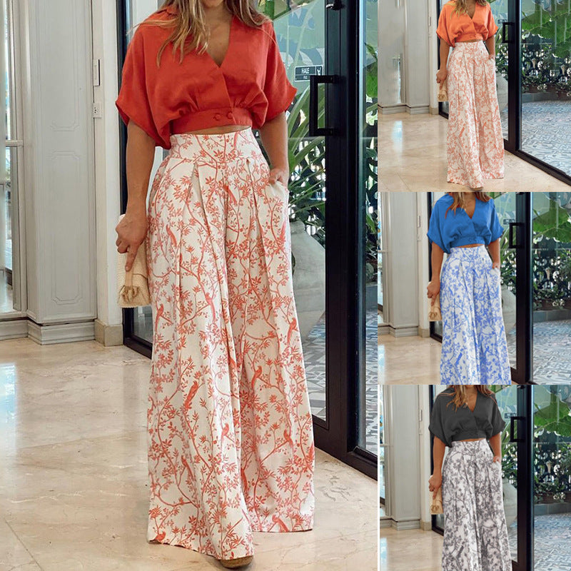 Short Top Casual Commuter Wide Leg Pants Two Piece Set