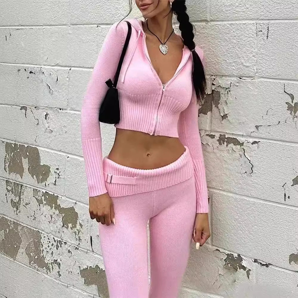 Women's Knitted Hooded High-Waist Trousers Two-Piece Set | Cozy Solid Color Suit