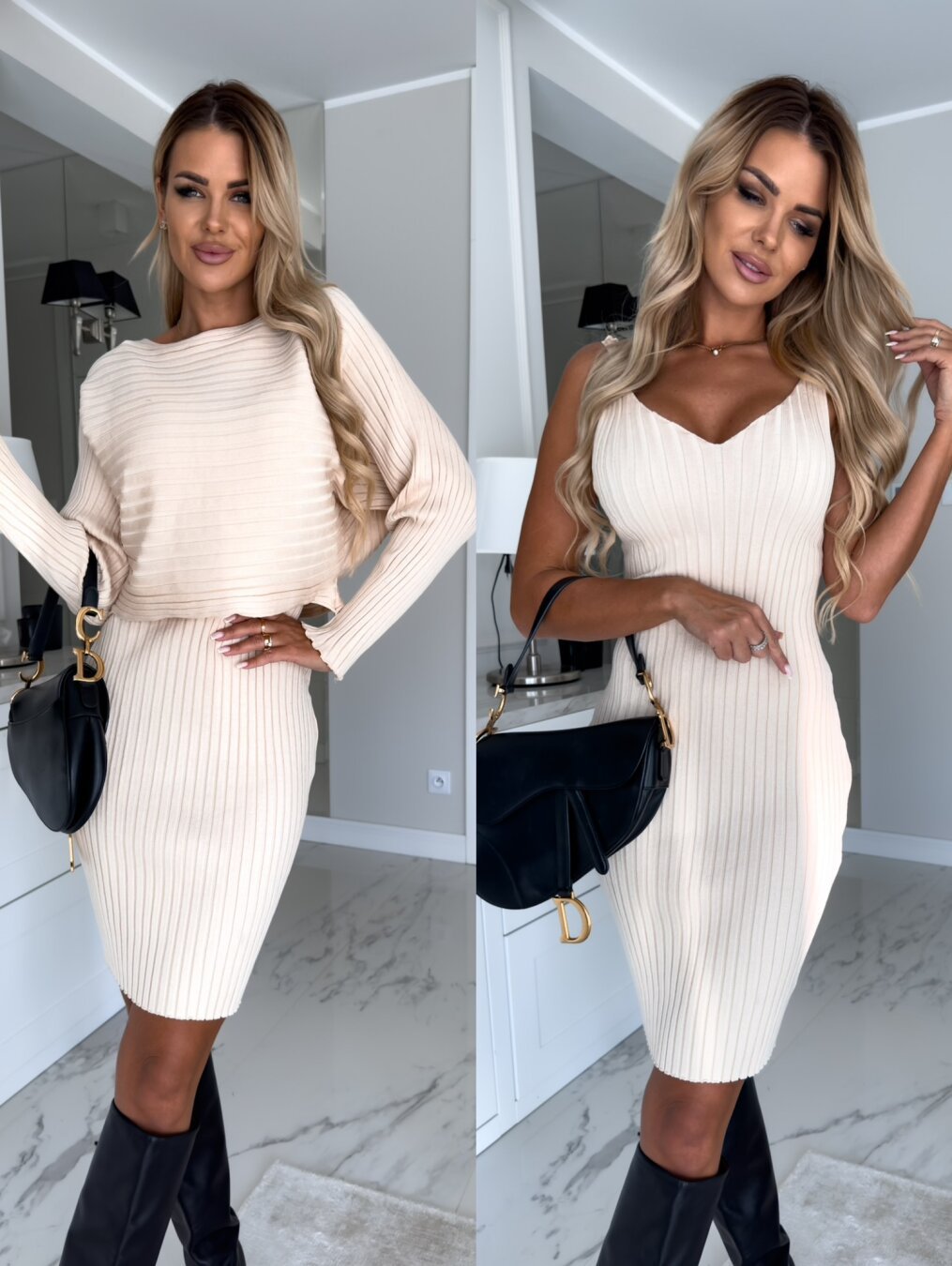 Striped Long-Sleeve Top & Suspender Skirt Set | Women's Slim Autumn Two-Piece