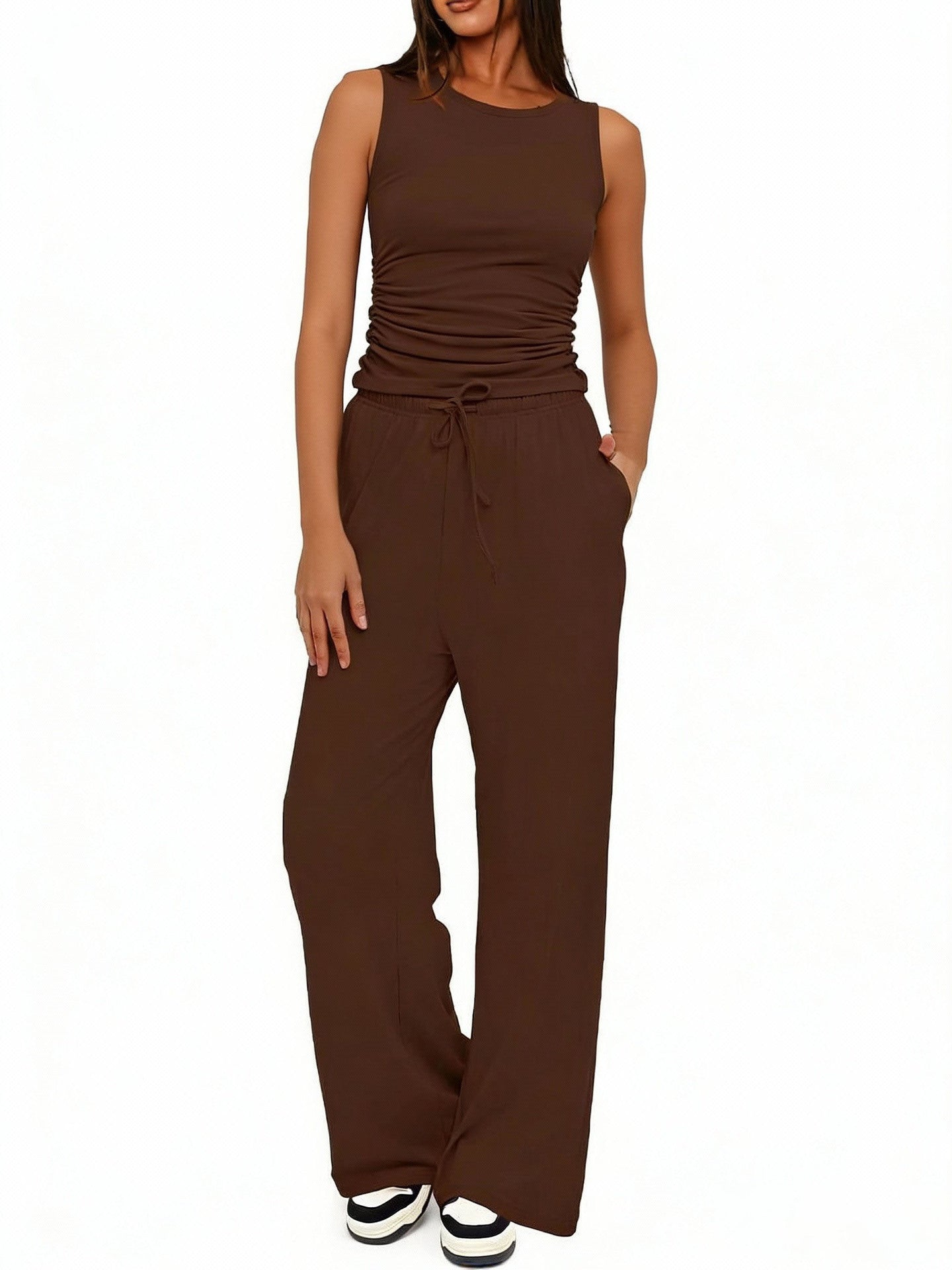 Sleeveless Crewneck Pleated Vest & High-Waisted Wide-Leg Pants Set