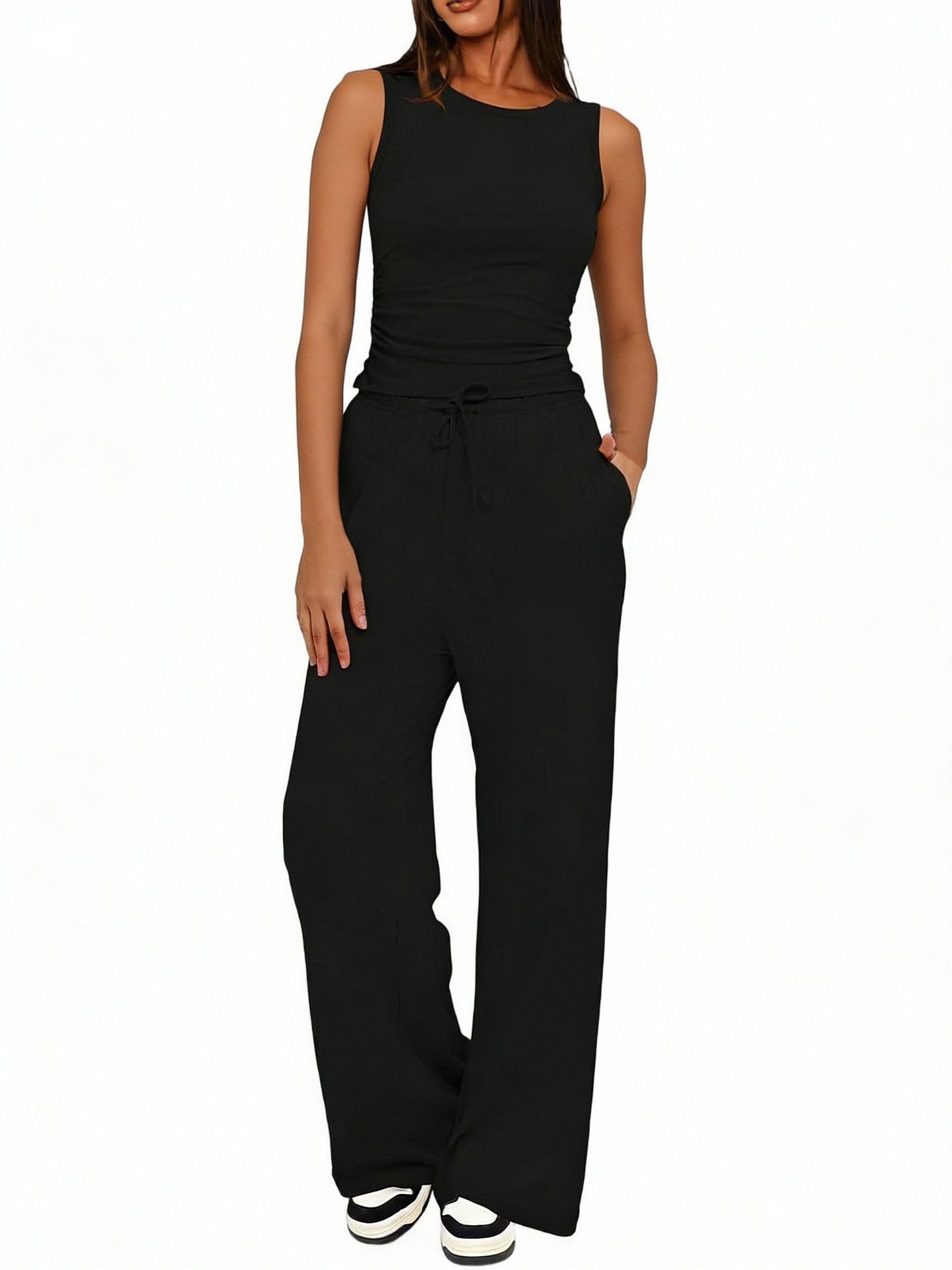 Sleeveless Crewneck Pleated Vest & High-Waisted Wide-Leg Pants Set