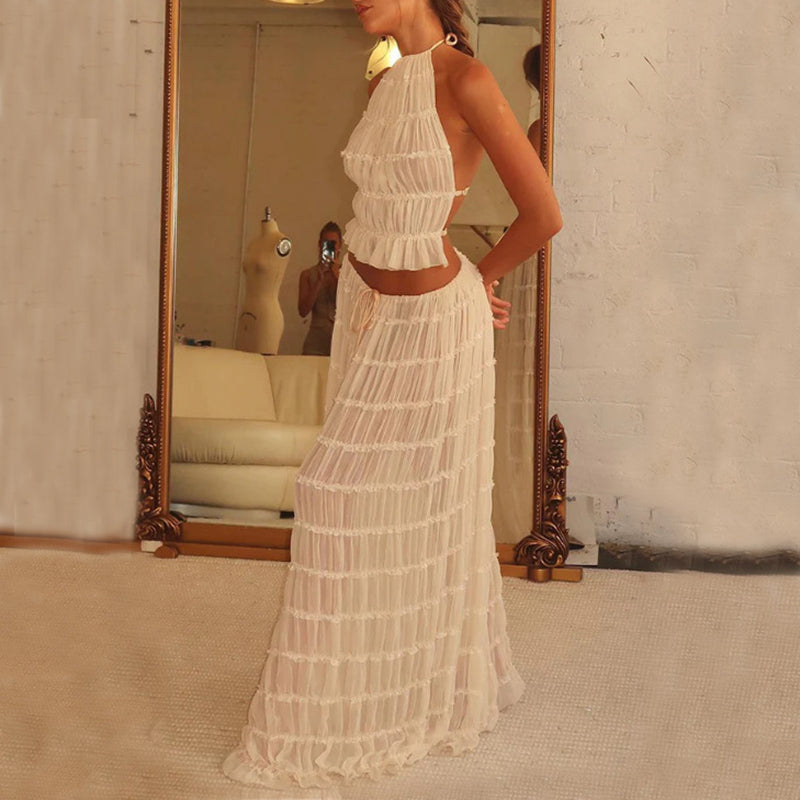 Halter Crop Top & Pleated Maxi Skirt Set | Backless Beach Two-Piece