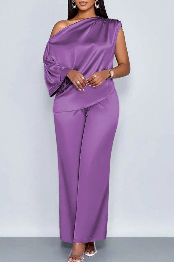 Satin Slanted Collar Short-Sleeve Top & Trousers Set | Light Luxury Summer Suit