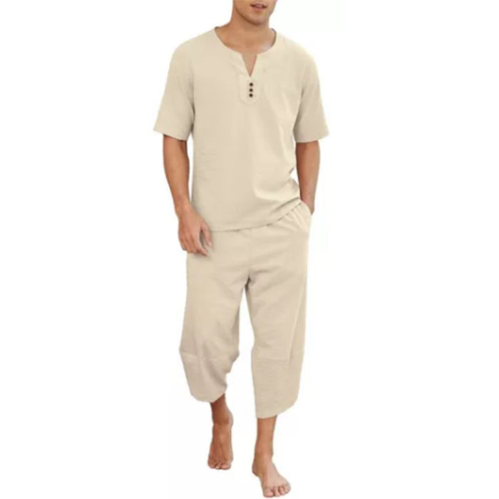 Men's V-Neck Short-Sleeve Top & Cropped Pants Set | Breathable Cotton-Linen Casual Outfit