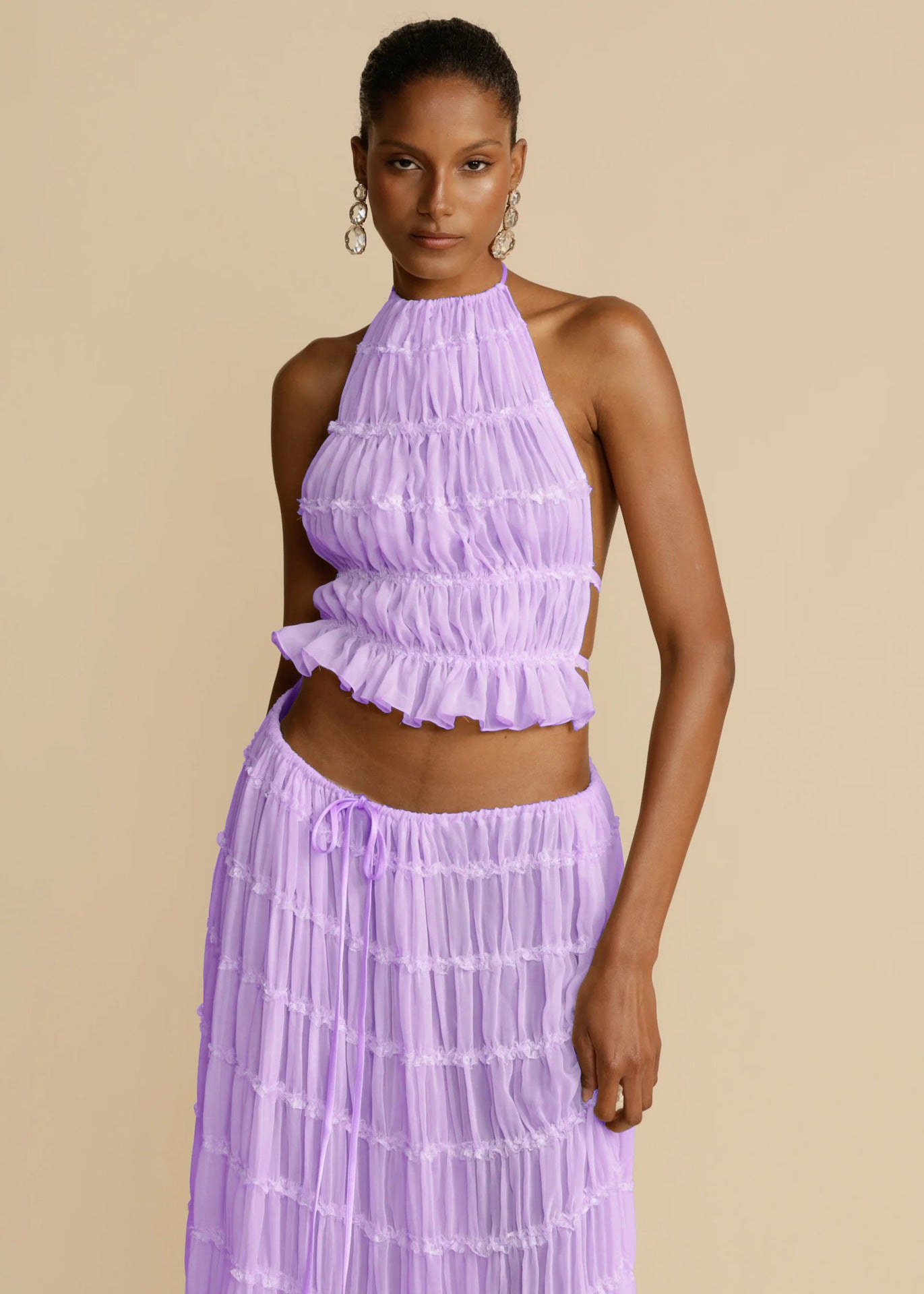 Halter Crop Top & Pleated Maxi Skirt Set | Backless Beach Two-Piece
