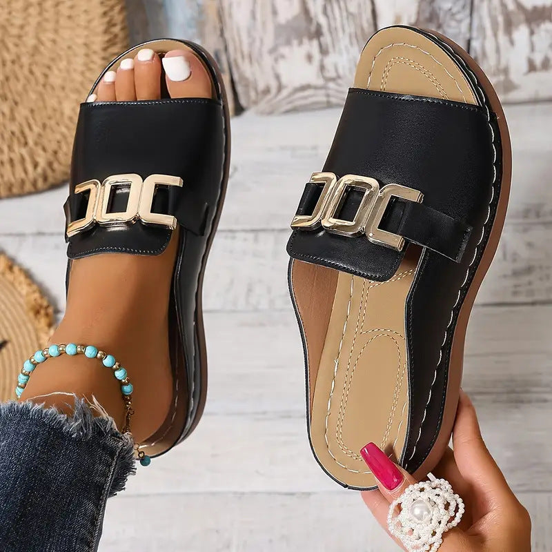 Chain Wedge Platform Sandals | Peep-Toe Thick Sole Slides