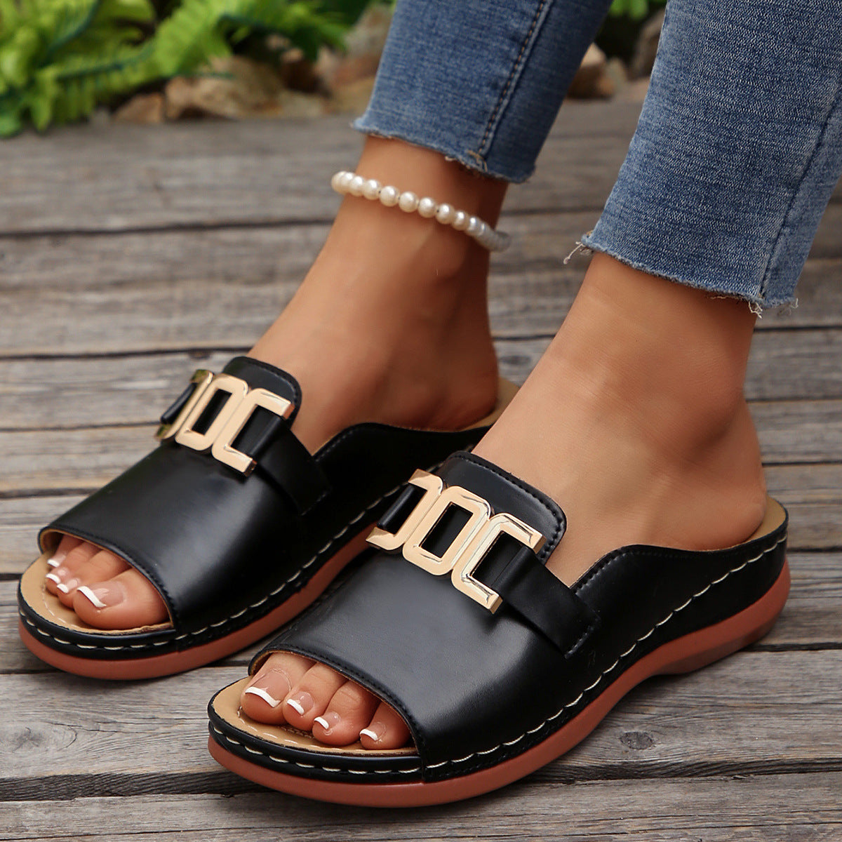 Chain Wedge Platform Sandals | Peep-Toe Thick Sole Slides