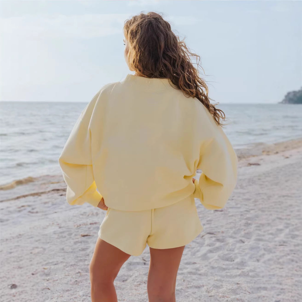 Crew-Neck Sweatshirt & Casual Shorts Set | Solid Color Loungewear Two-Piece
