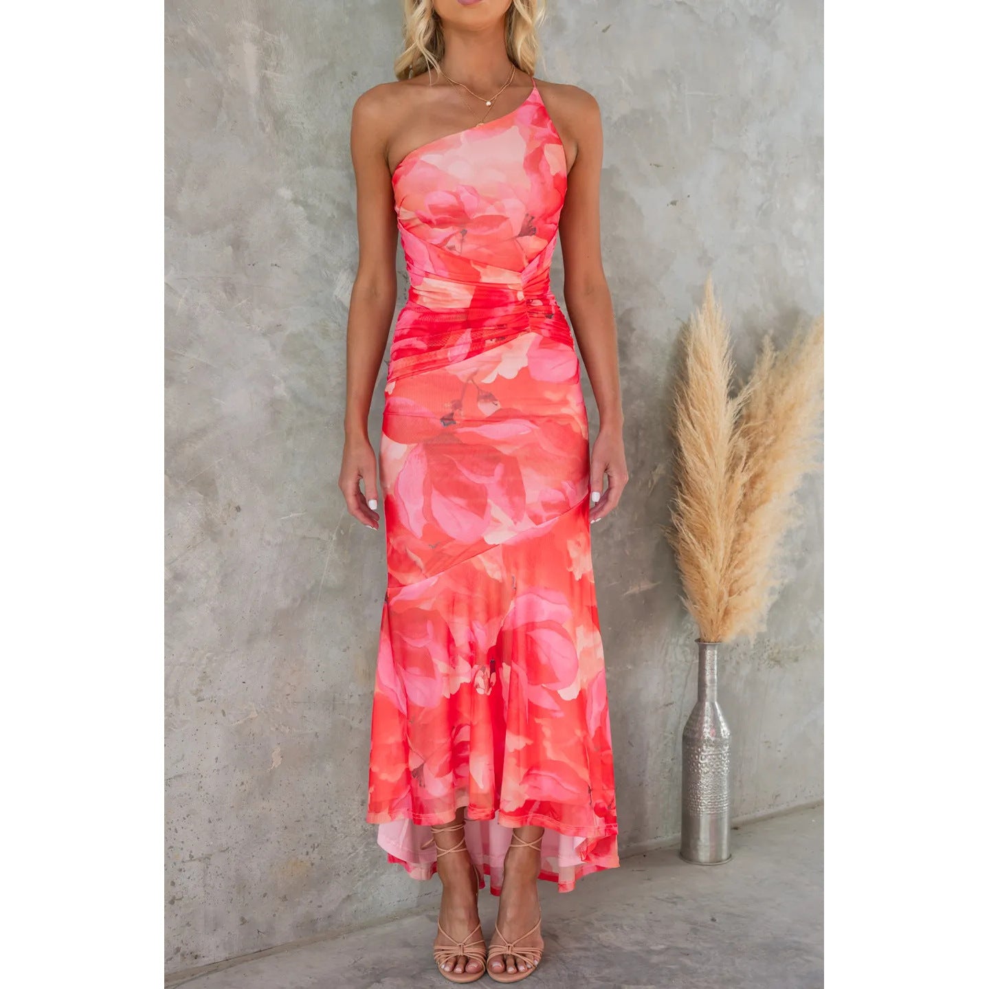 Flower Print One-Shoulder Dress