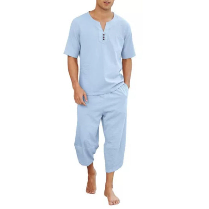 Men's V-Neck Short-Sleeve Top & Cropped Pants Set | Breathable Cotton-Linen Casual Outfit
