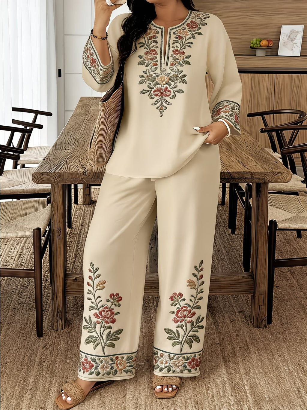 Long-Sleeve Lace Floral Bohemian Set | Ethnic-Style Top & Cropped Pants