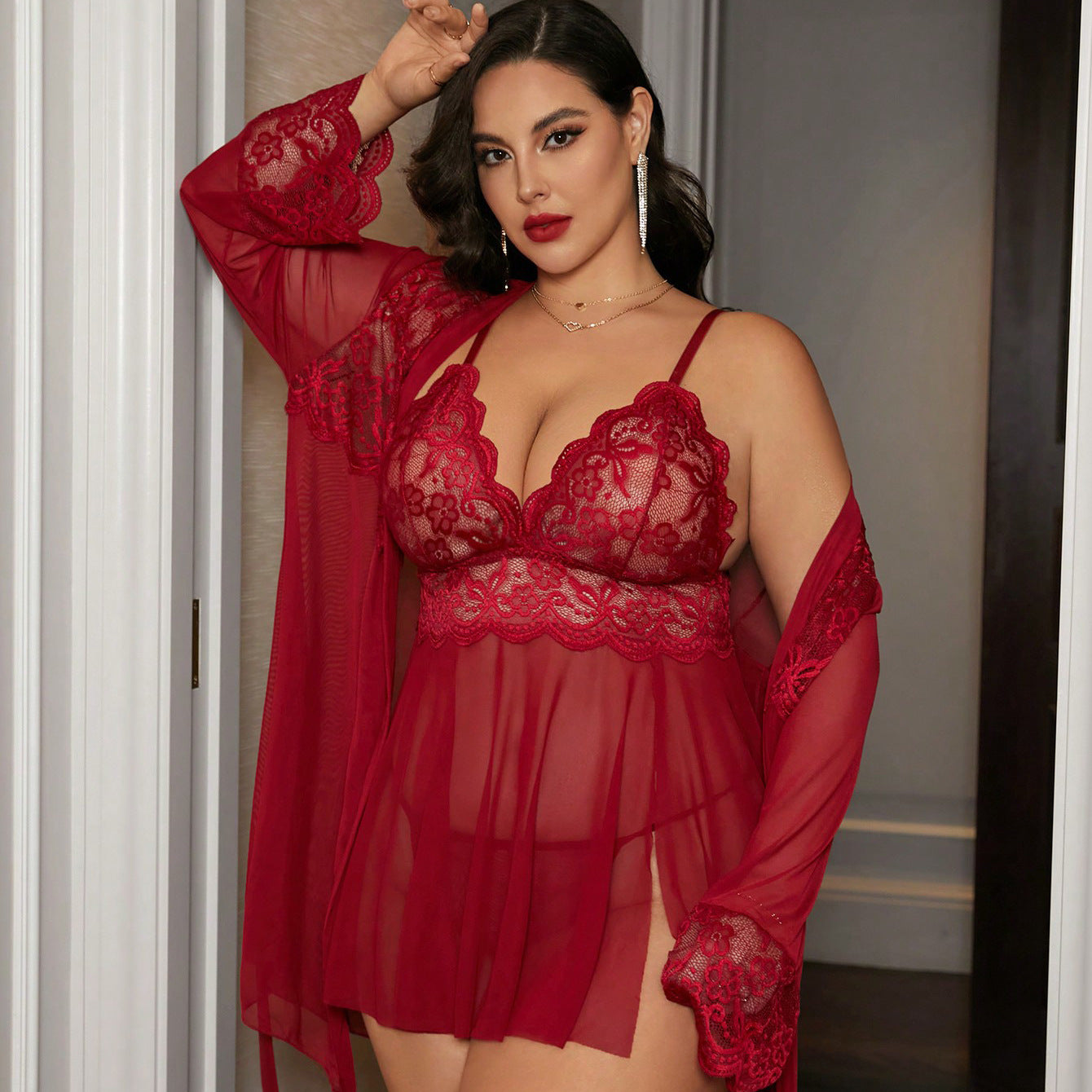 Lace & Satin-Trimmed Mesh Nightgown & Robe Set | Luxe Sleepwear